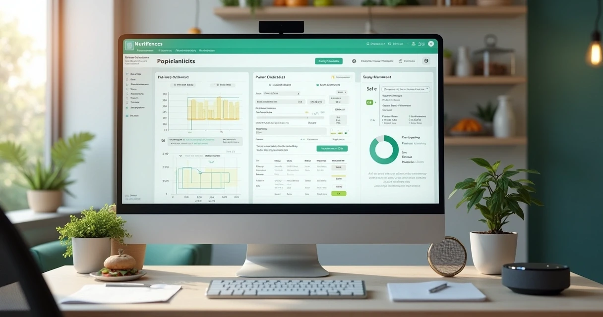 Tela de gestão automática em computador mostrando agenda e histórico de paciente. 