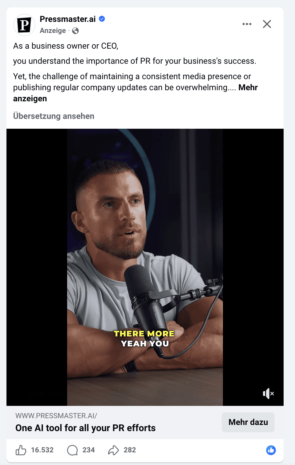 pressmaster.ai viral ad with 16.532 likes and hundreds of shares