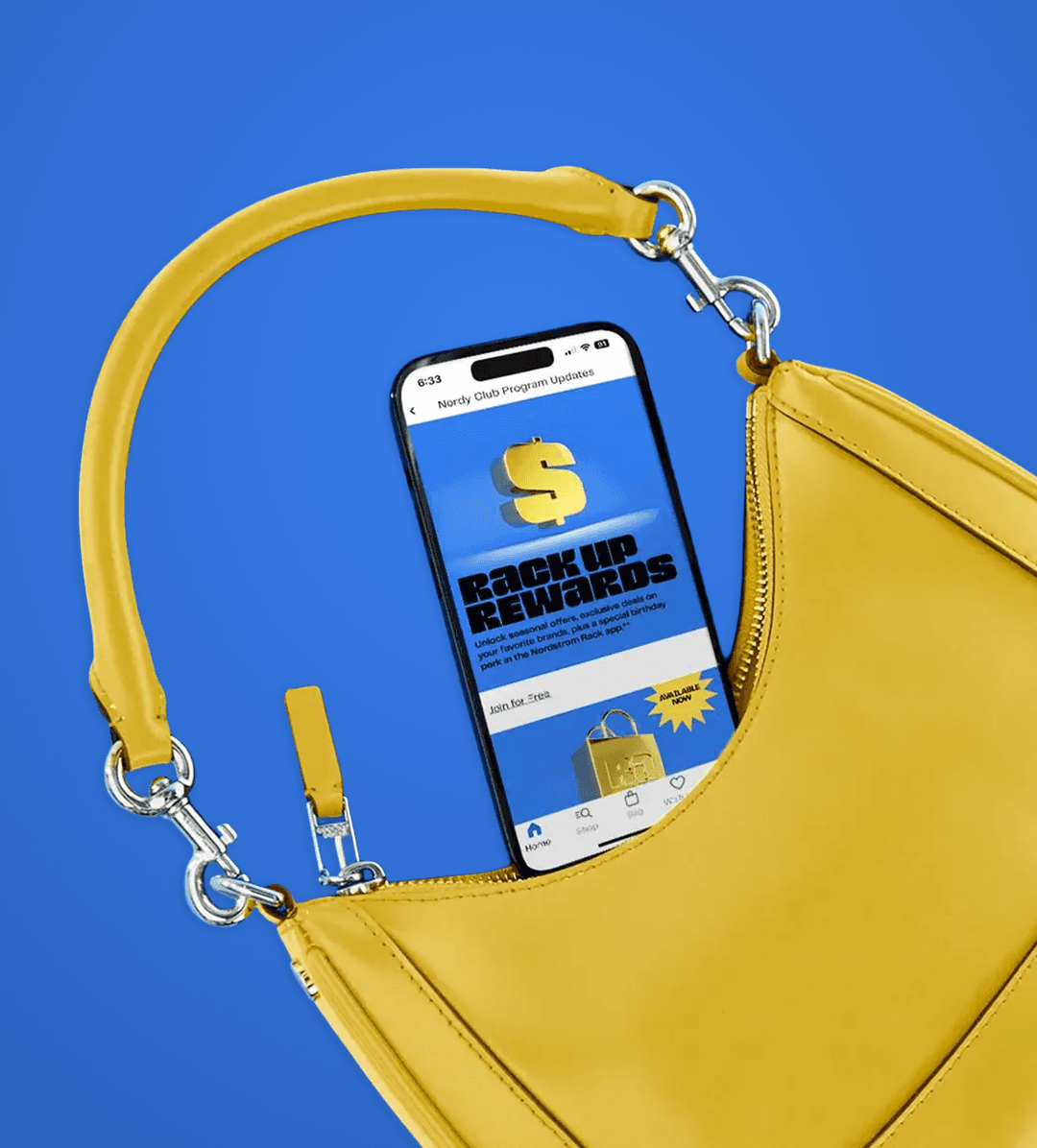 Yellow shoulder bag on a blue background with a smartphone partially visible, displaying the Nordstrom Rack app with a Nordy Club rewards update.