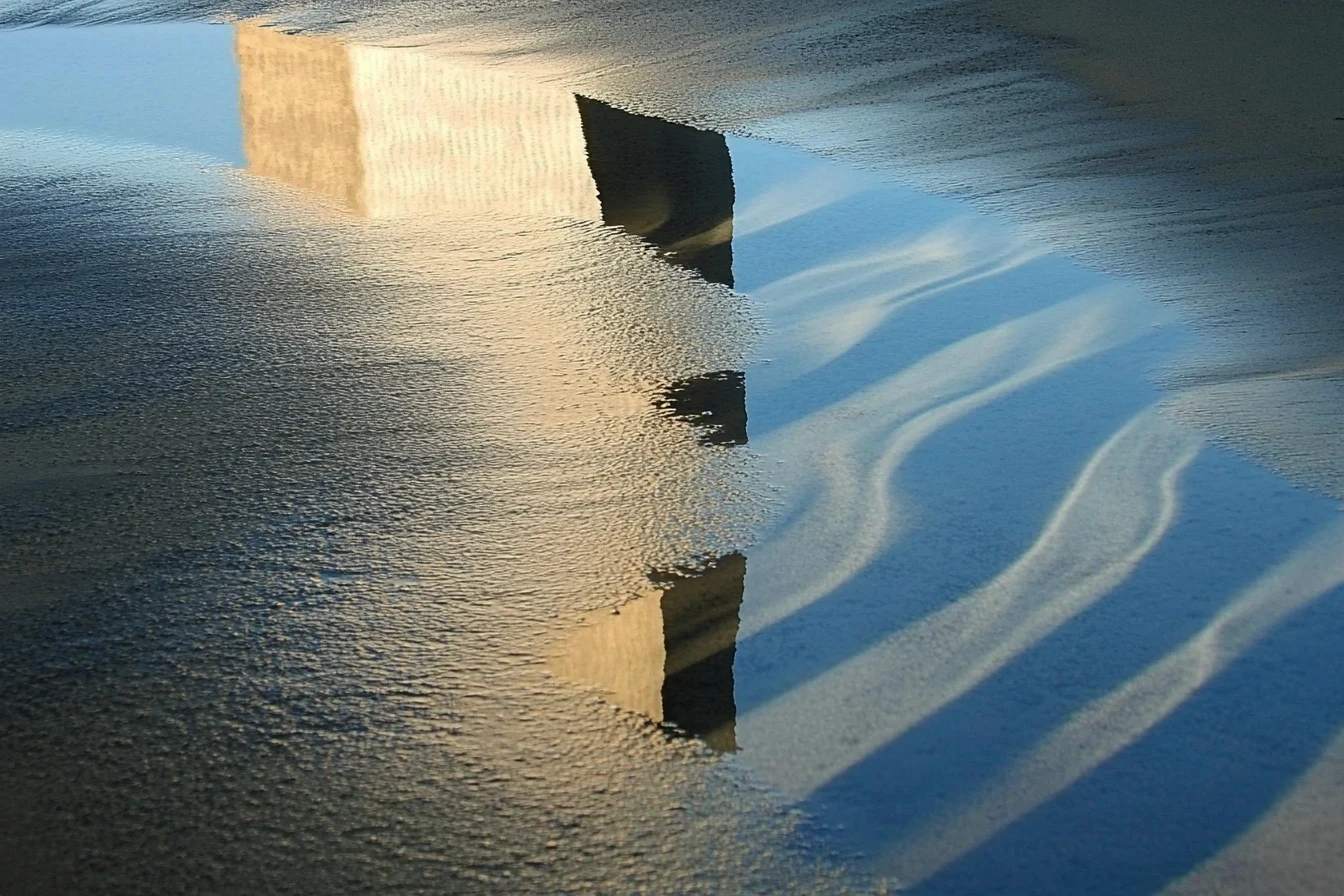 The distorted reflection of a geometric building in a rippling body of water, creating shimmering patterns of light and texture. This image illustrates the dynamic process of strategy prototyping, where ideas are tested and refined in real-world contexts