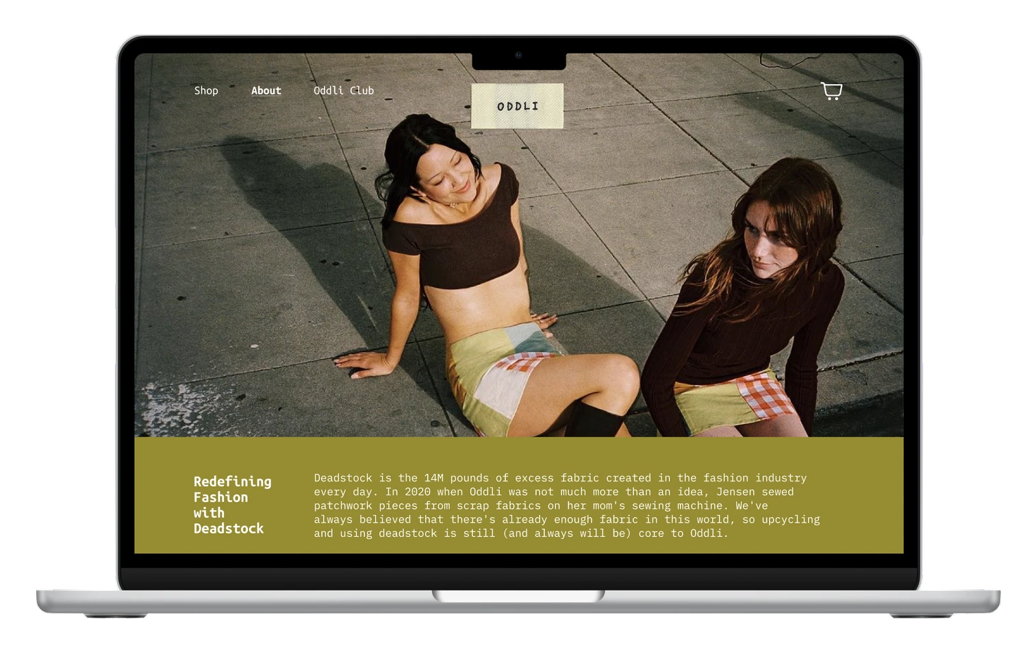 Redesigned About page with large lifestyle photo of two people and yellow text block containing brand story and values