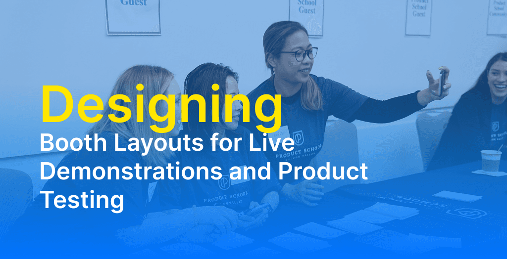 trade show booth layout designed for live product demonstrations and testing with clear visitor flow, demo zones, and supporting visual displays