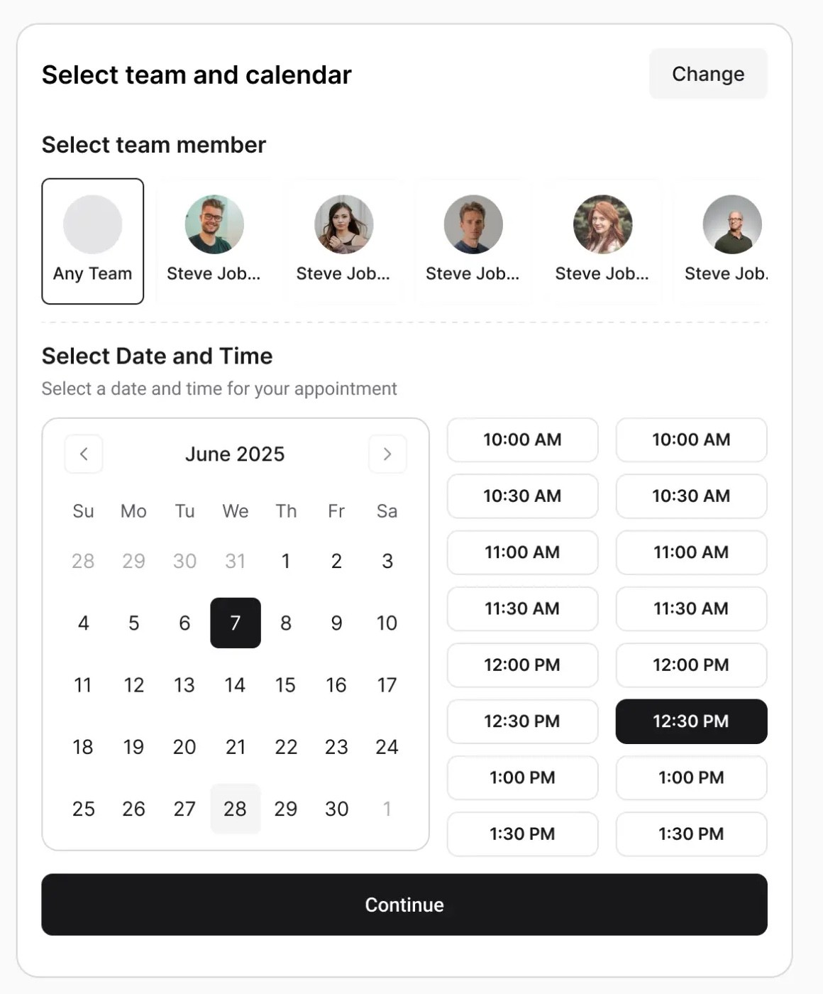 RazorBooking booking page: choose a team member, then pick a date and time slot