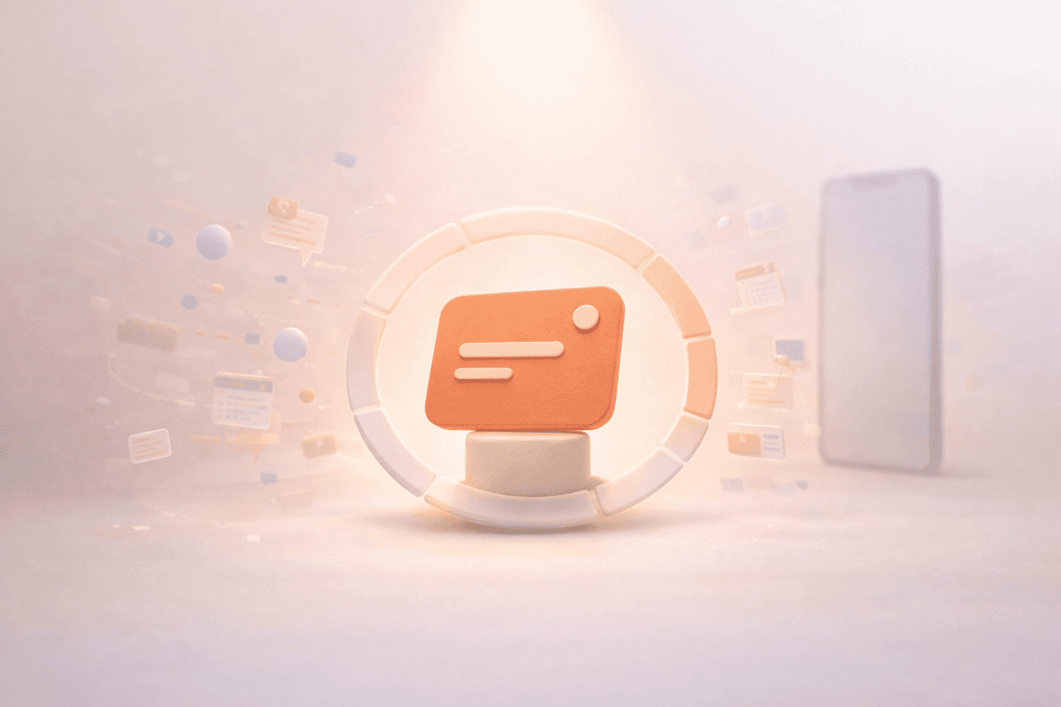 Minimalistische 3D-Illustration mit einer korallorangefarbenen Aufgabenkarte im Zentrum, die von einem leuchtenden Schutzring umgeben ist. Um die Karte schweben leicht transparente Benachrichtigungs-, Chat- und App-Symbole, die nach außen verblassen. Rechts im Hintergrund steht ein unscharfes Smartphone, während kleine Kalender- und Aufgaben-Elemente auf einem warmen cremebeigen Farbverlauf Fokus und reduzierte digitale Ablenkung symbolisieren.