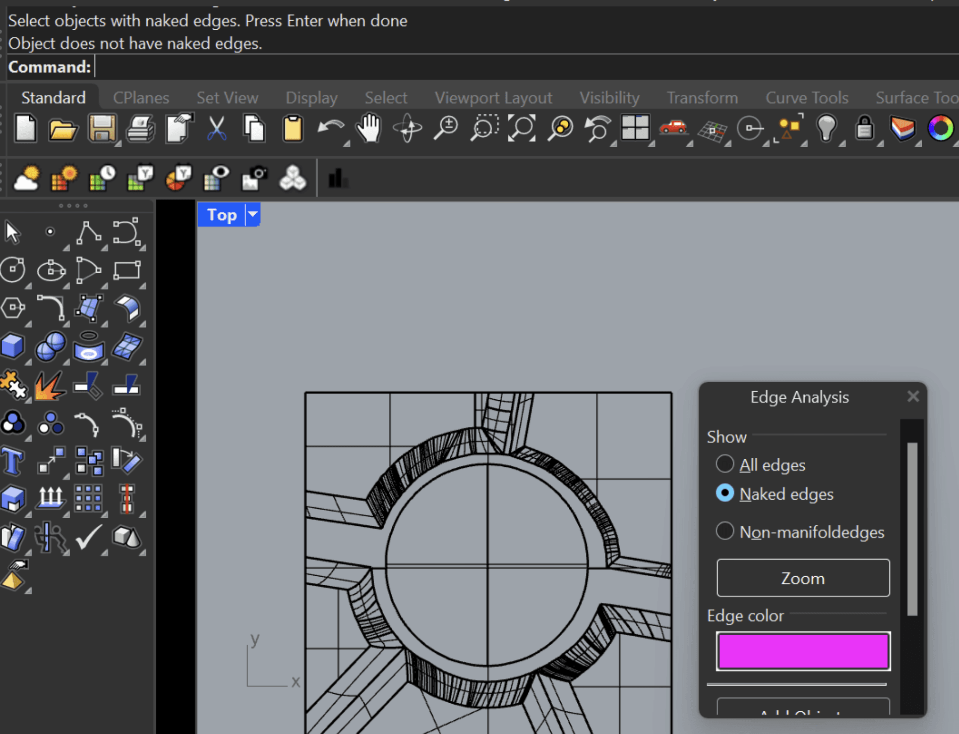 Rhino Edge Analysis panel highlighting naked edges on a 3D model