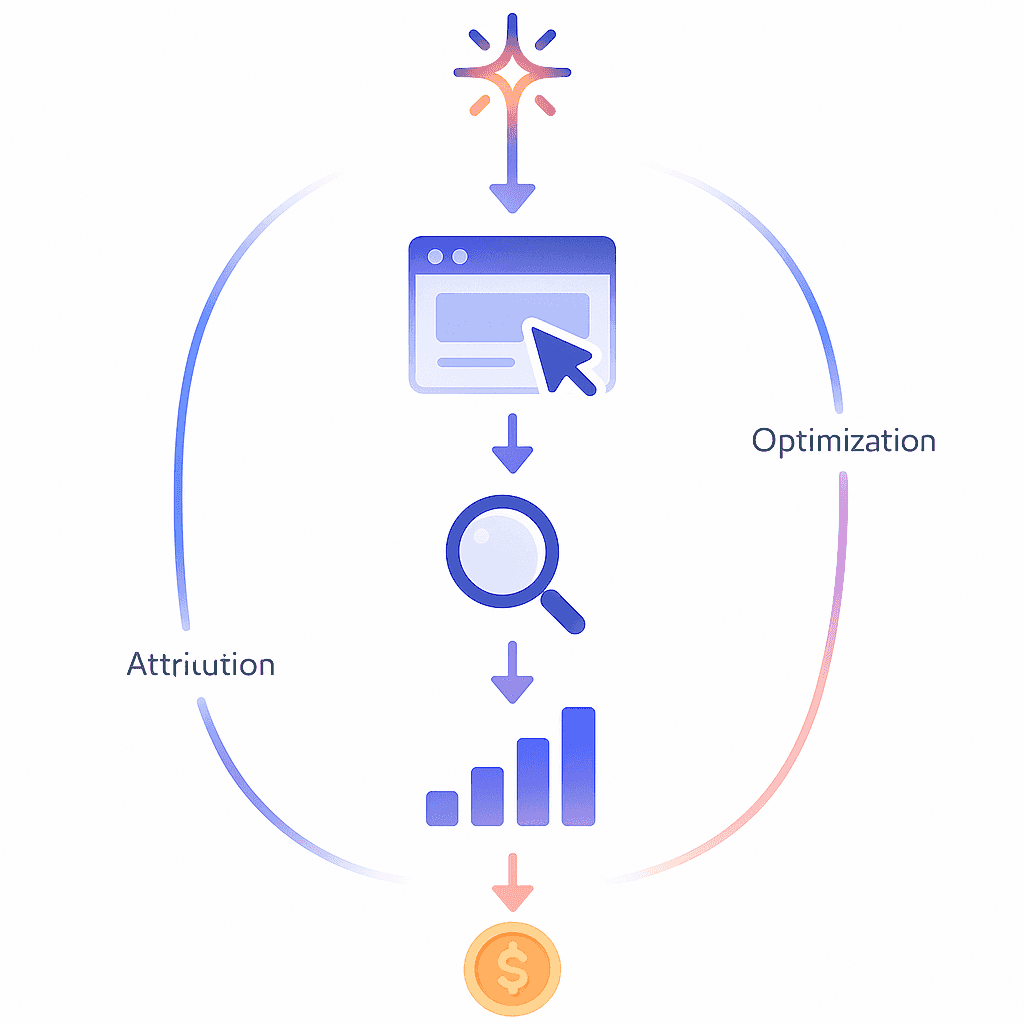 Abstract funnel and feedback loops mapping AI citation through engagement to revenue attribution