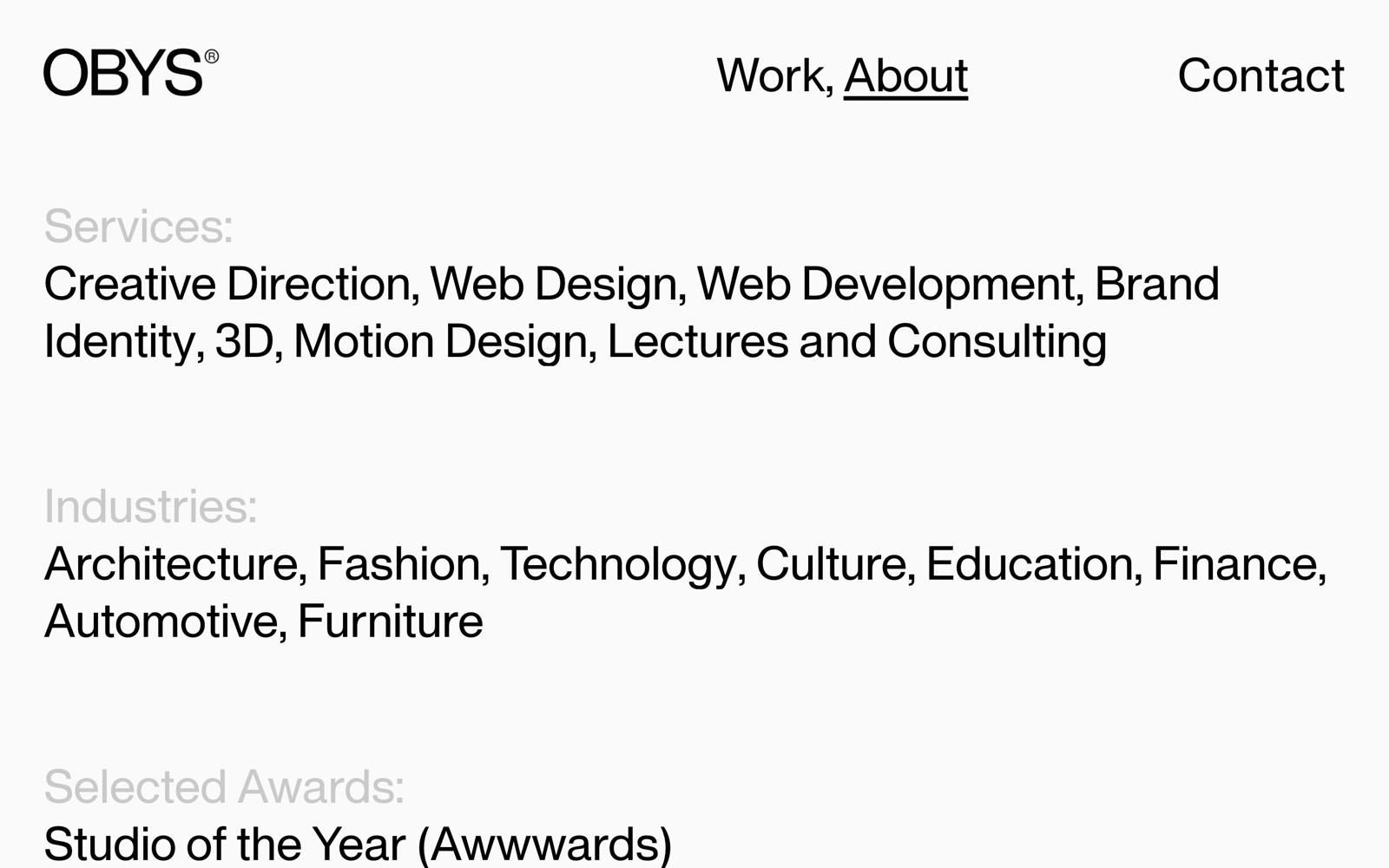 OBYS header with links: "Work, About, Contact." Lists services, industries (e.g., Fashion, Technology), and awards like "Studio of the Year.