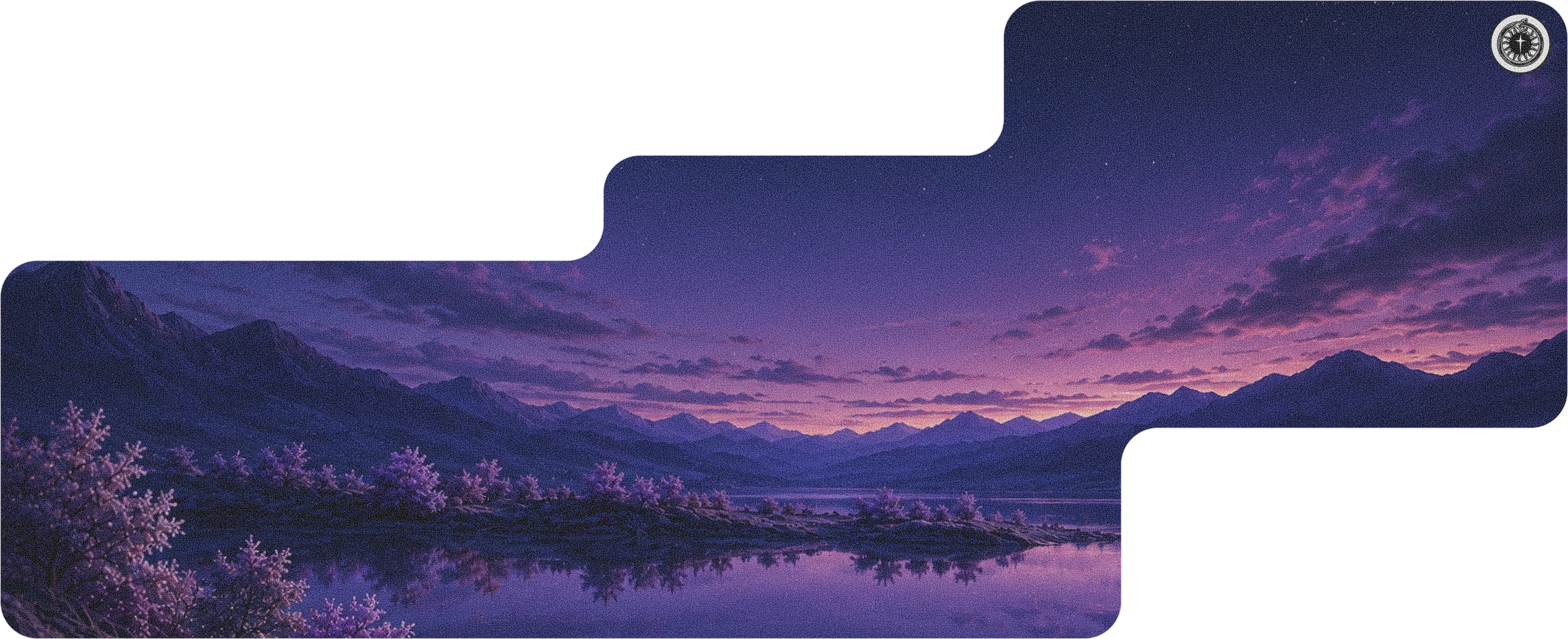 Purple mountain landscape behind the product call to action