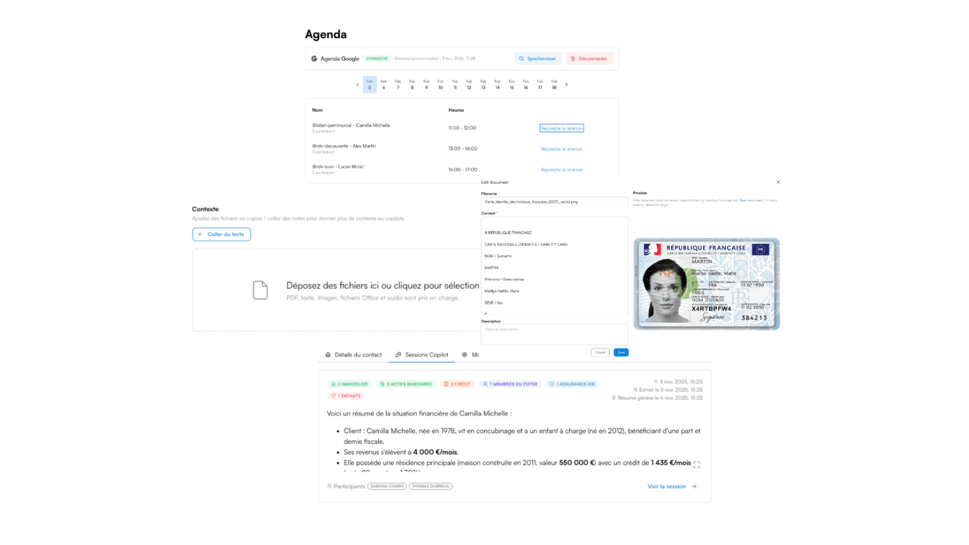 Interface de l’assistant IA Apana affichant l’agenda du conseiller et le résumé automatique d’un rendez-vous client en gestion de patrimoine.