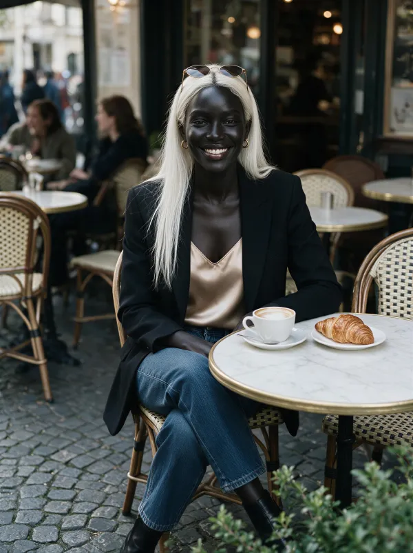 Same AI influencer - Paris cafe - created with APOB AI