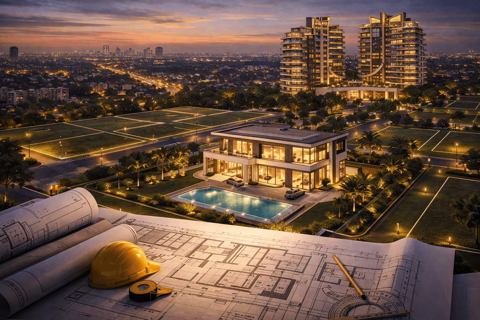 Architectural blueprint for custom luxury home construction on private land