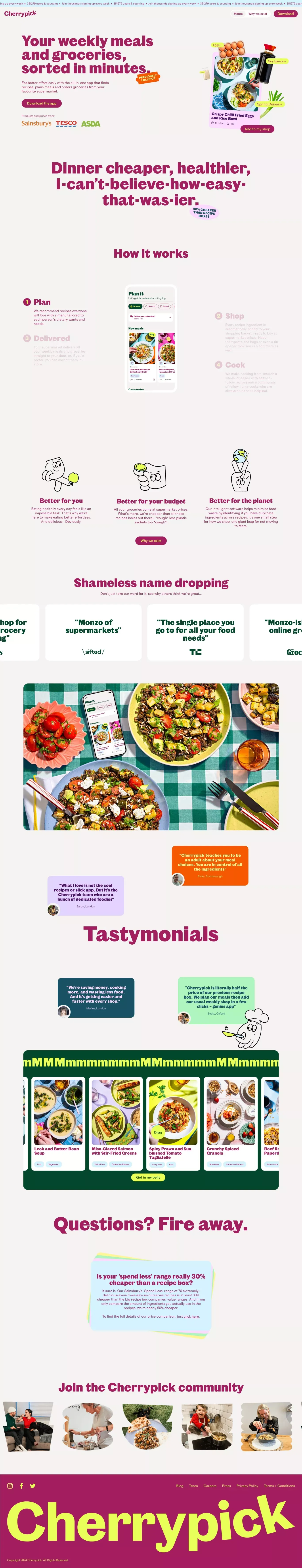 Plan & shop meals instantly at supermark landing page screenshot showcasing Tech and Food & Drinks design