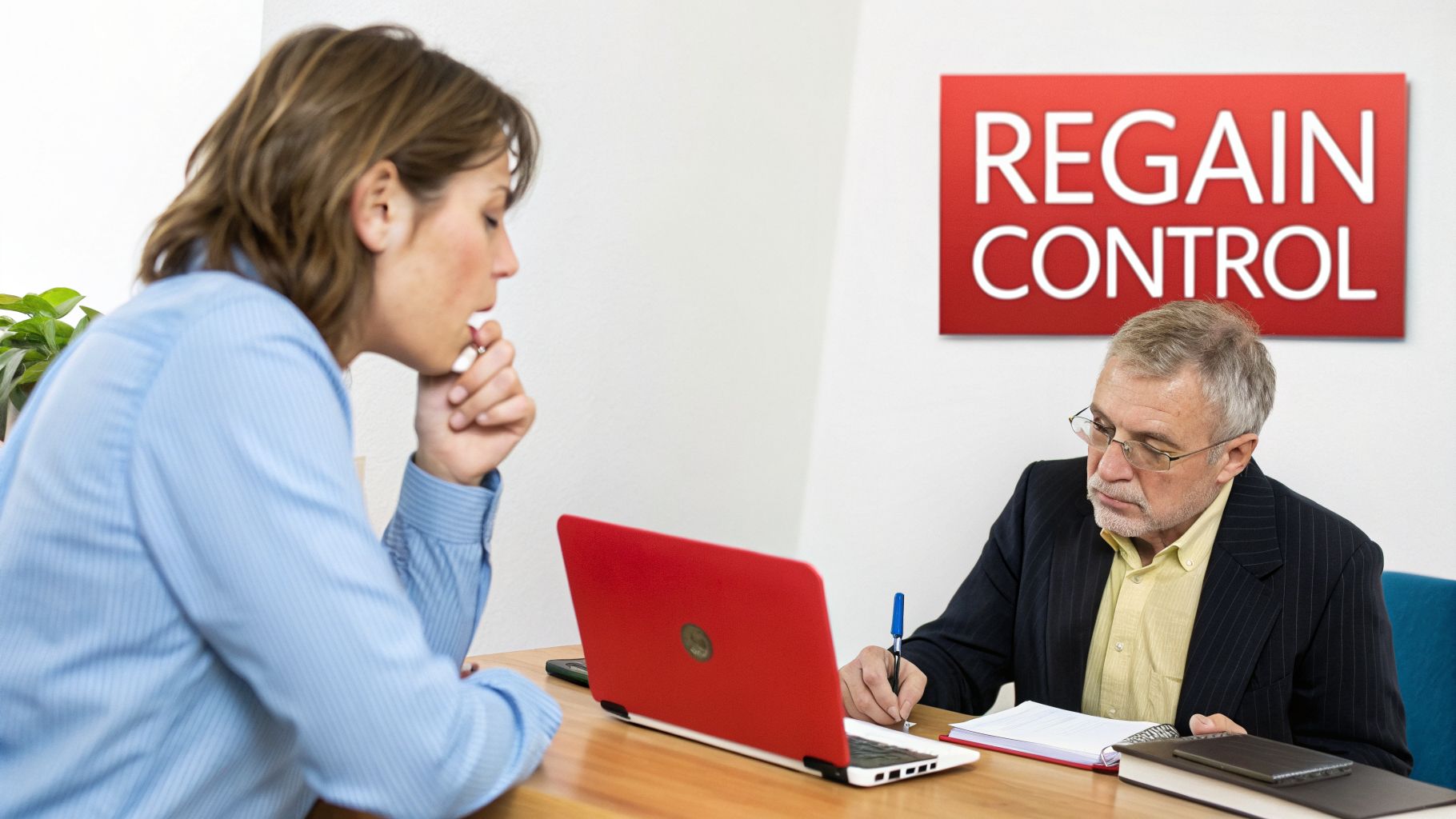 A client consults with a male attorney during a private legal meeting, with a 'Regain Control' sign.
