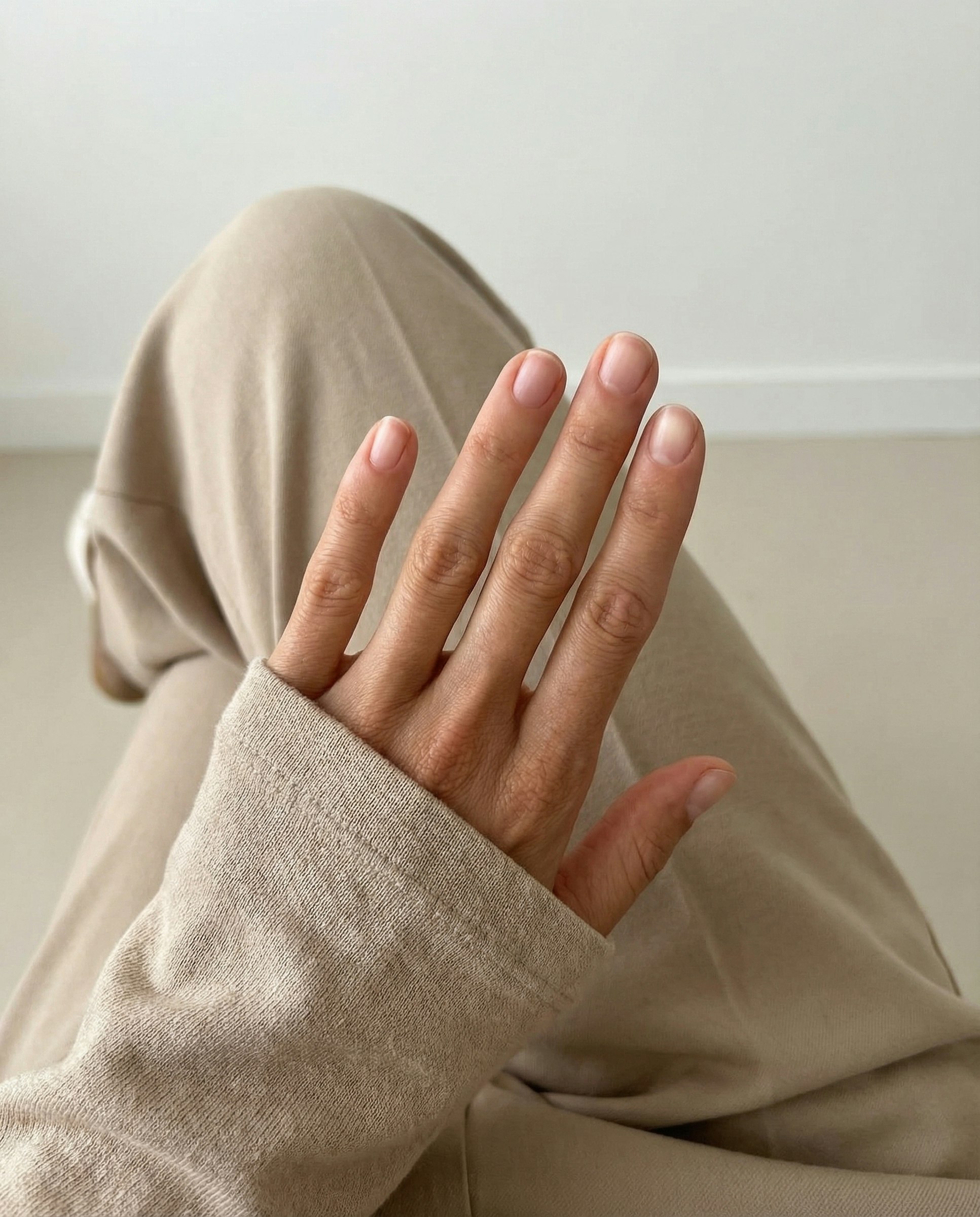 Close-up of a hand with natural nails, resting on beige fabric, creating a minimalistic and cozy aesthetic.