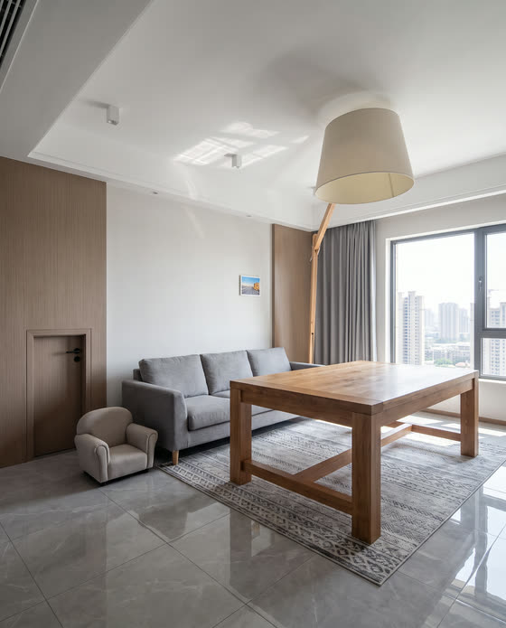 Render de sala com cúpula de luminária gigante, mesa de centro do tamanho de uma mesa de jantar e uma poltrona em miniatura.