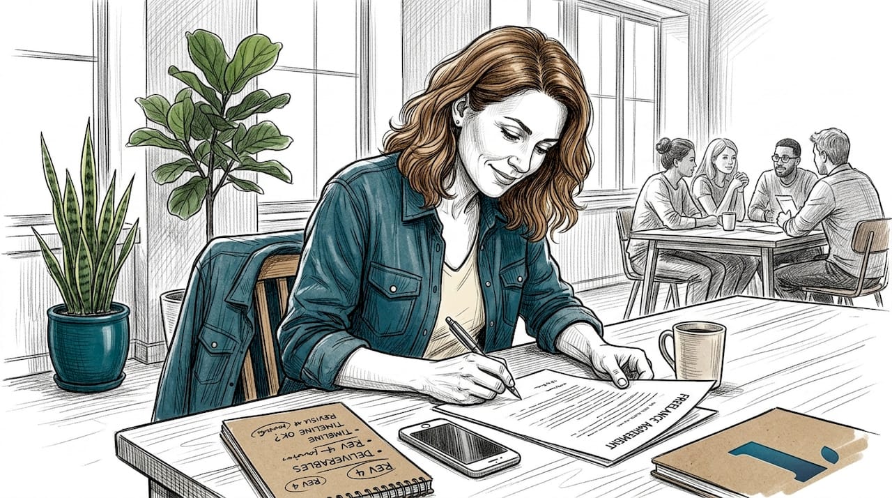 Woman signing freelance agreement in coworking space