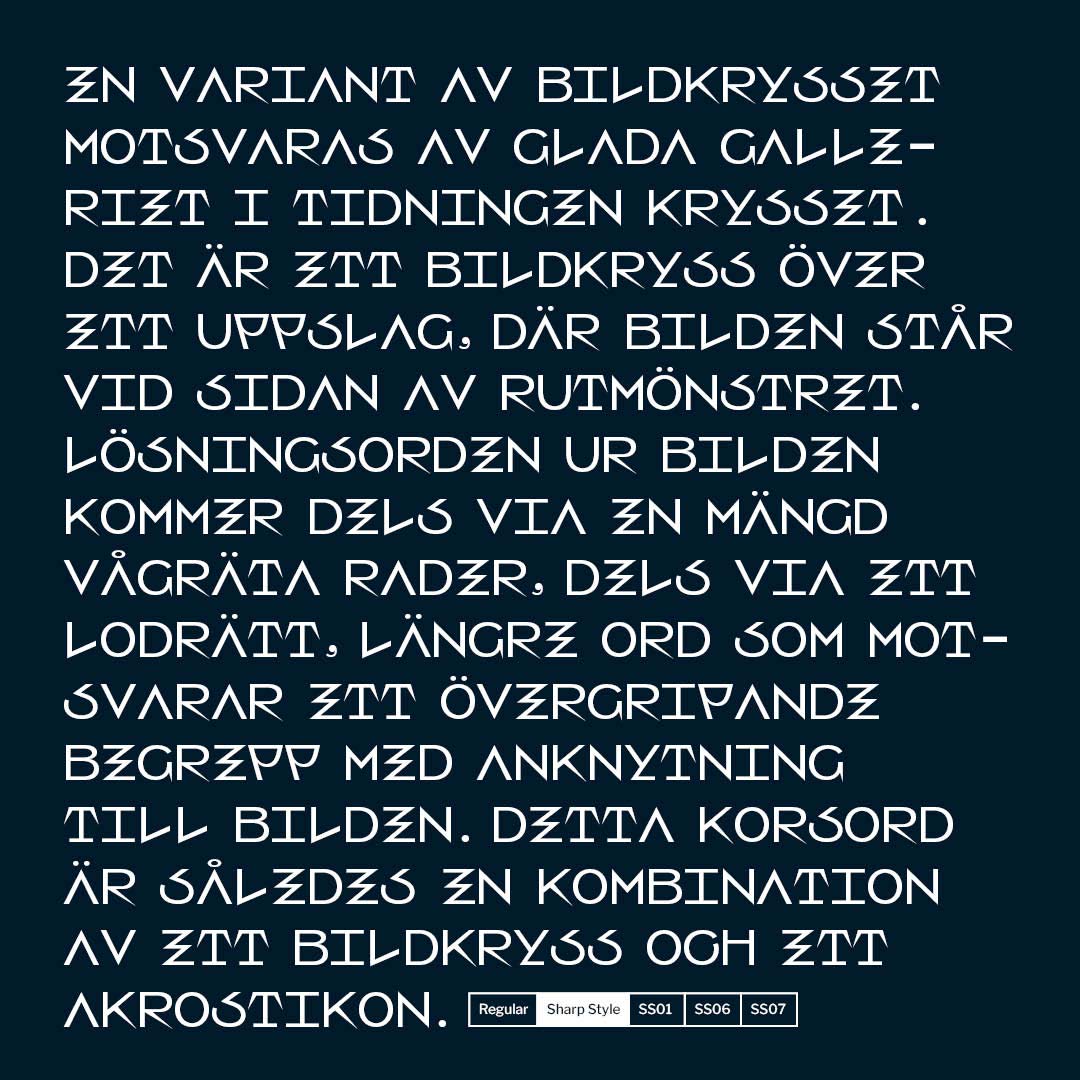 body copy set in Swono with the sharp stylistic set activated in simple white on black