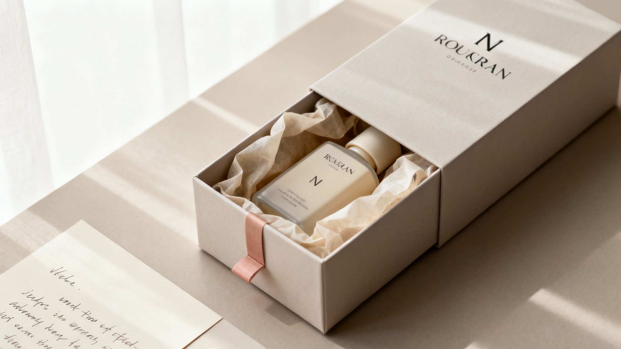 Luxury skincare product in elegant beige gift box with tissue paper and ribbon