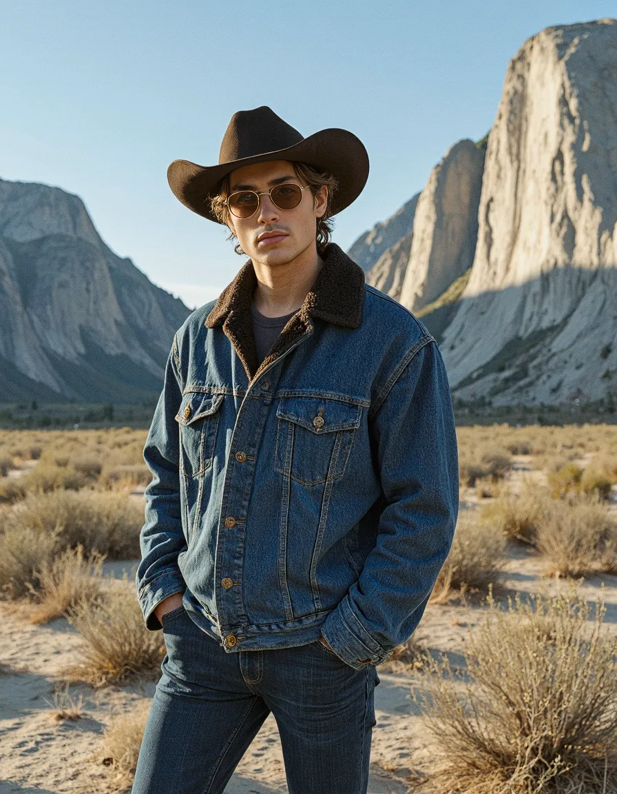 Western-styled scene with denim jacket and cowboy hat against dramatic mountain landscape during golden hour
