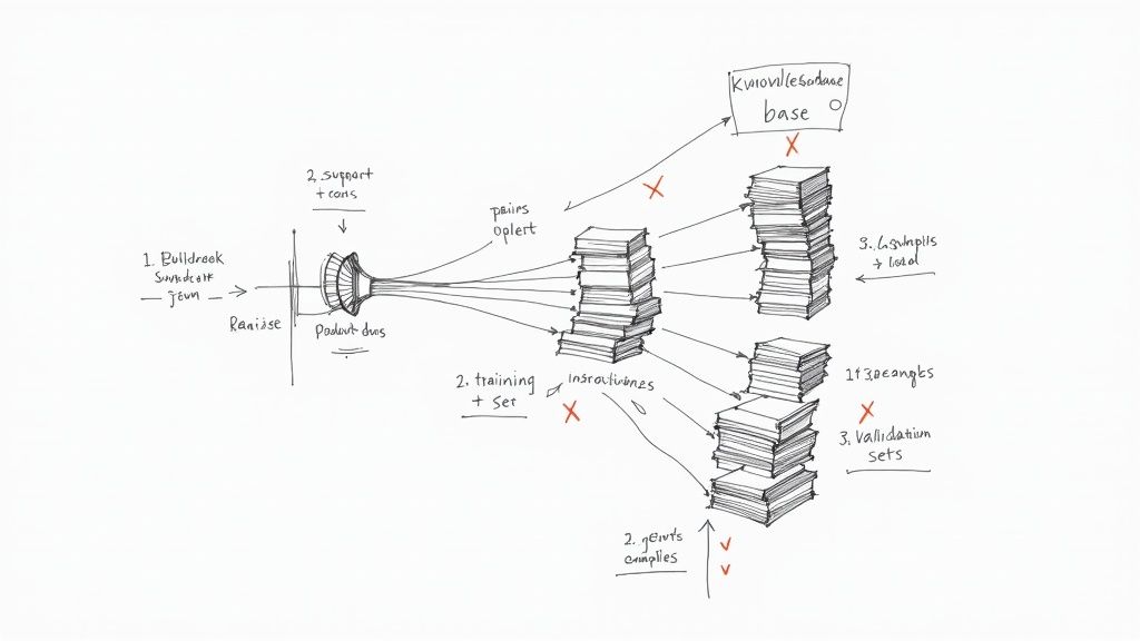 A person carefully organizing and labeling data points on a digital interface, symbolizing the curation of a high-quality dataset.