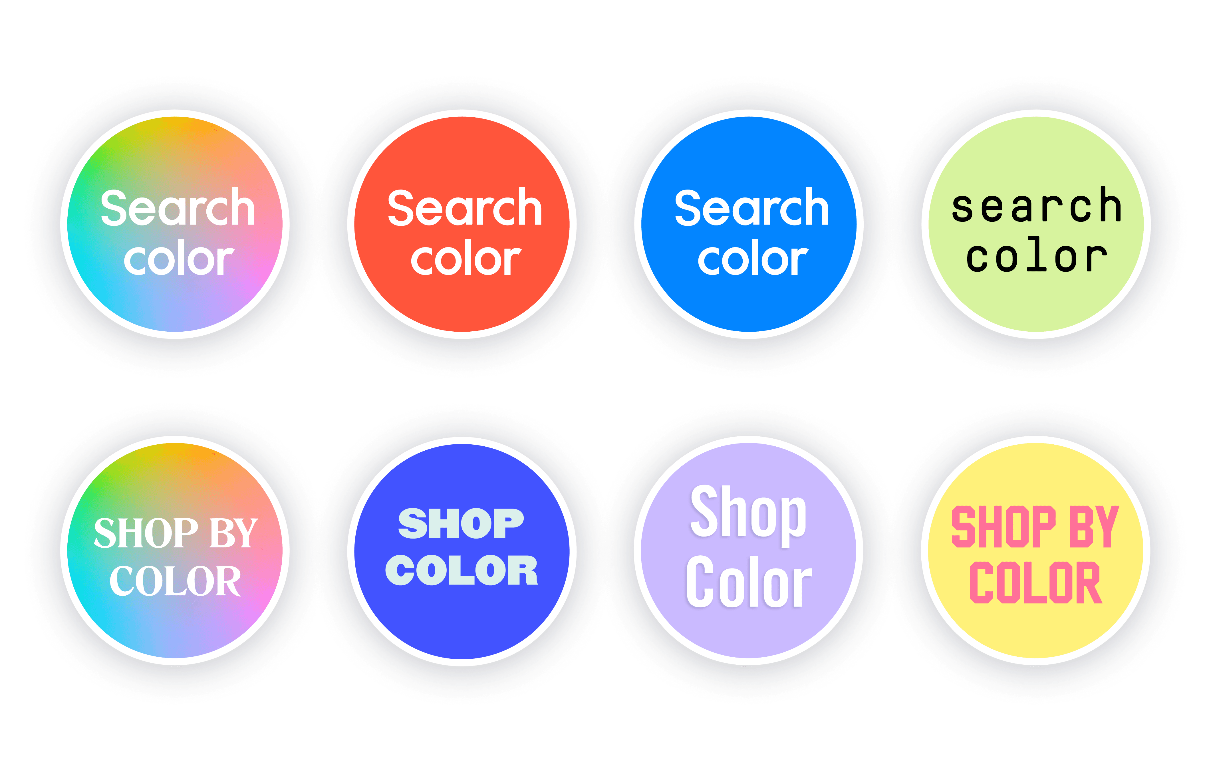 Eight circular search buttons displayed in two rows showing different styles of a search by color feature including rainbow gradient buttons labeled Search color solid color buttons magnifying glass icons and minimalist text based designs