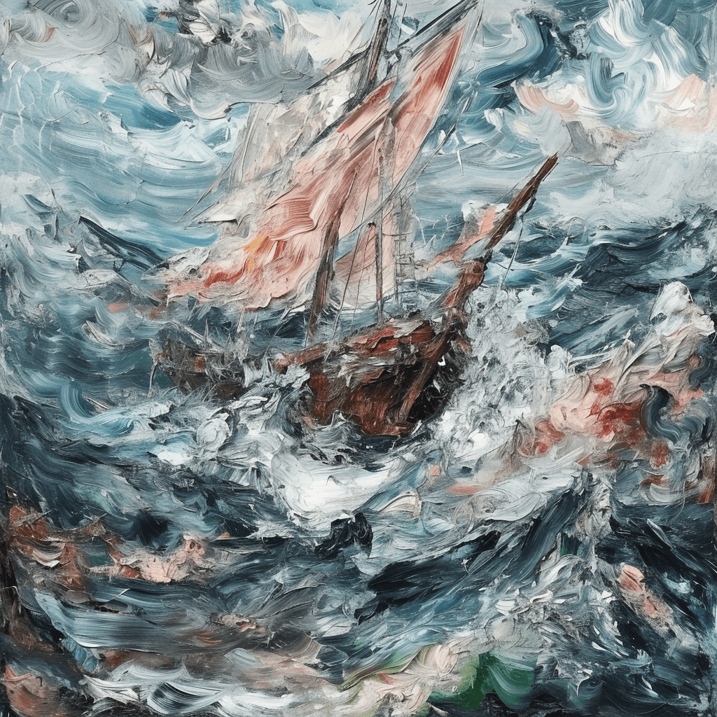 Painterly depiction of a boat in rough seas.