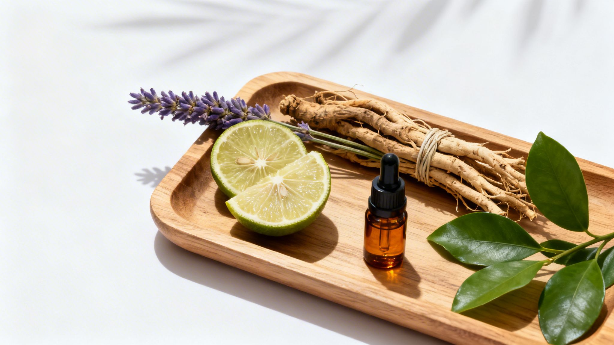 Natural ingredients on a wooden tray: lime, lavender, ginseng roots, and an essential oil bottle.