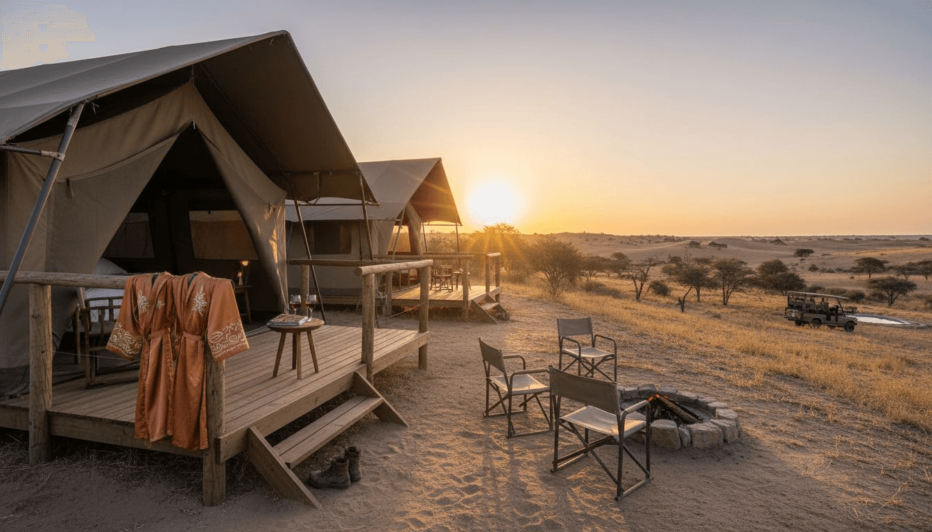 Luxury safari tents with sunset view