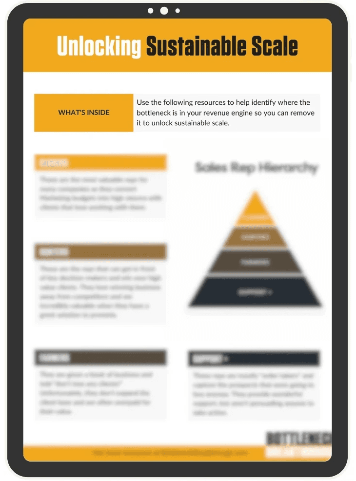 The Bottleneck Breakthrough book and tablet, offering a playbook to unlock growth by fixing business bottlenecks and optimizing sales team performance.