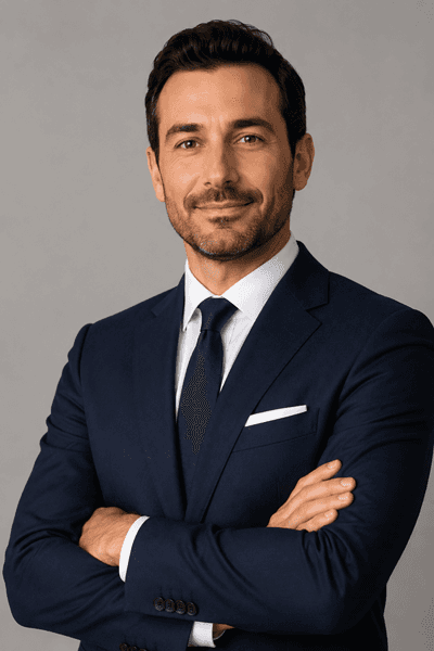 A man in a suit standing with his arms crossed
