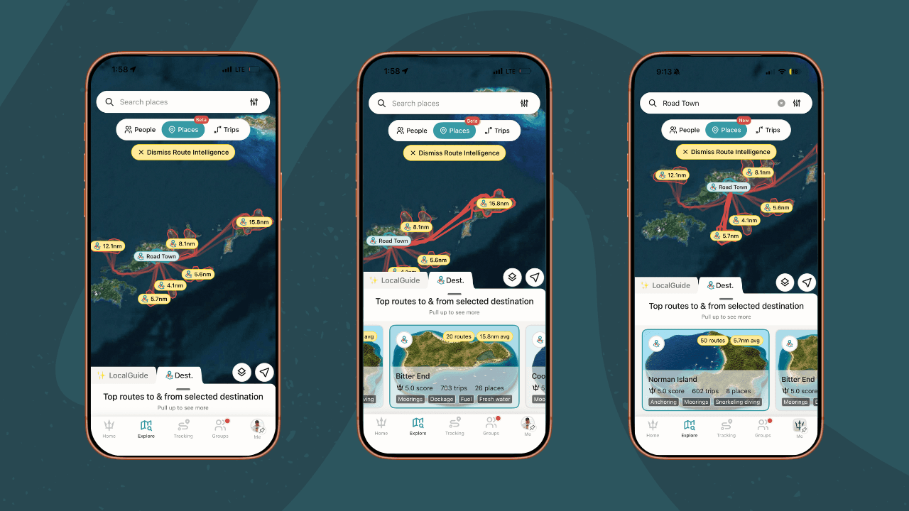 Three SeaPeople app screens showing destination intelligence and ranked places to help boaters explore an area