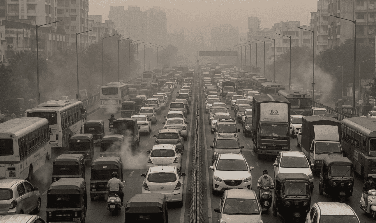 Heavy urban traffic congestion with visible smog and vehicle emissions.