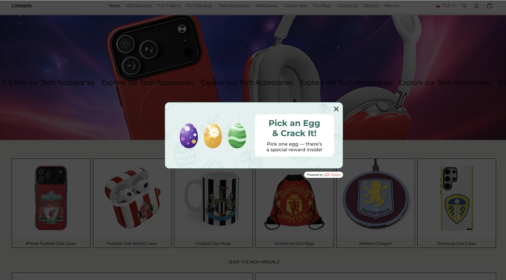  An interactive gamified discount popup on the Littlebitz e-commerce website utilizing a seasonal egg-cracking mechanic by Claspo to distribute mystery promotional rewards.
