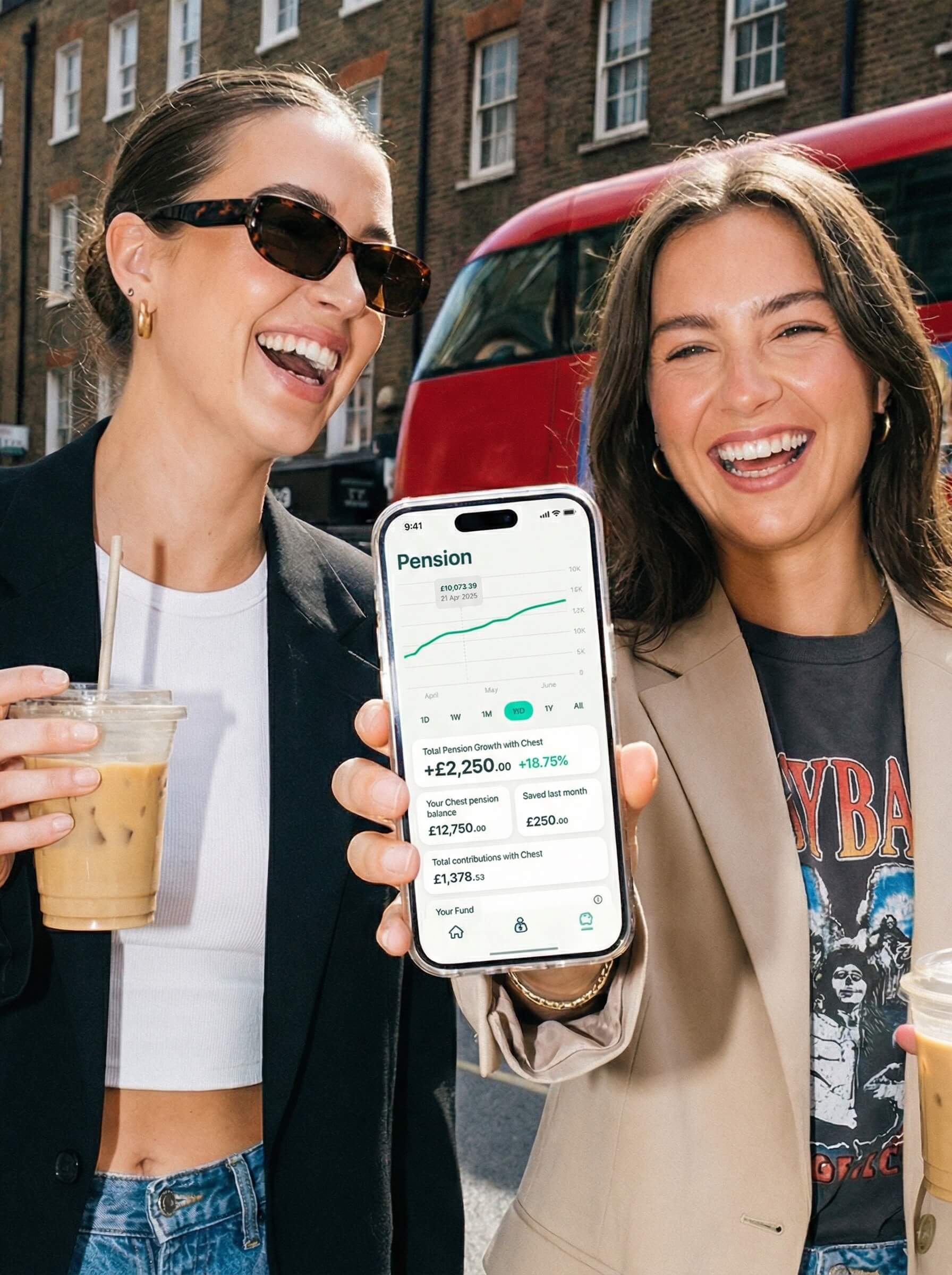 Phone in hand showing Chest app Chest Score pension wellbeing score