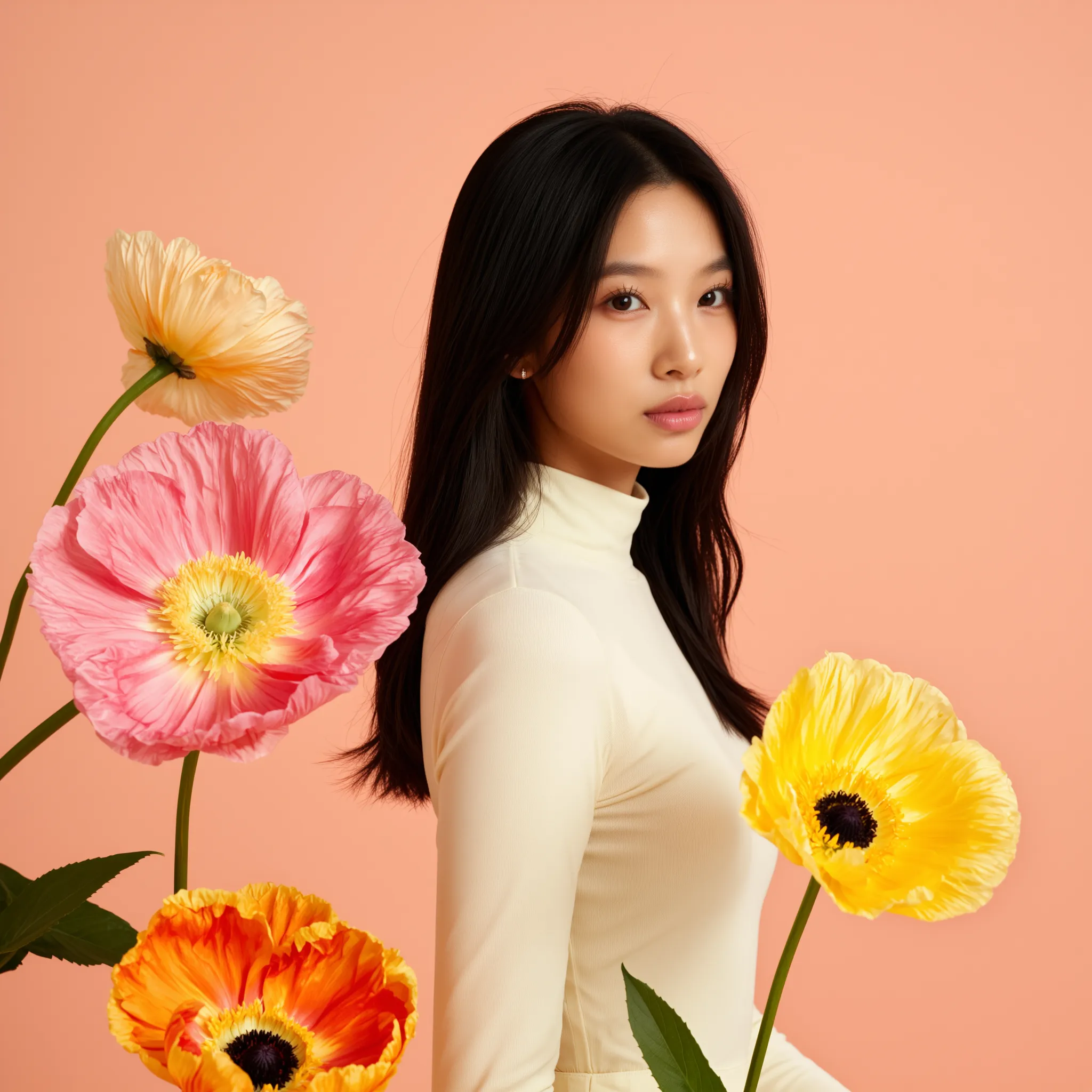 Weibliches KI-Model in cremefarbenem Rollkragen-Top vor pastellpfirsichfarbenem Hintergrund, umgeben von großen bunten Blumen – hochwertiger AI-Fashion- und Beauty-Content für Social Media, Branding und Editorials.
