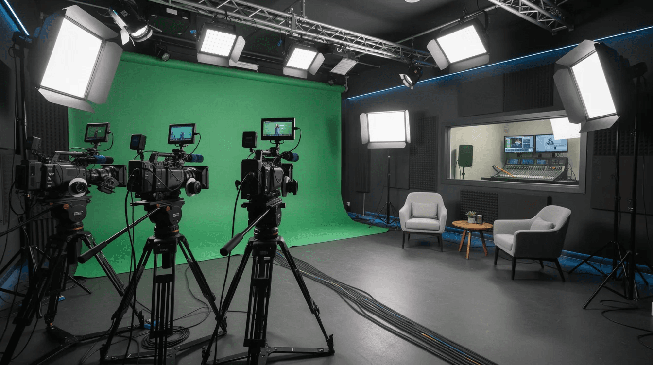 Studio de production vidéo professionnel équipé de caméras modernes et d'éclairages sophistiqués — environnement dédié à la création de contenu audiovisuel
