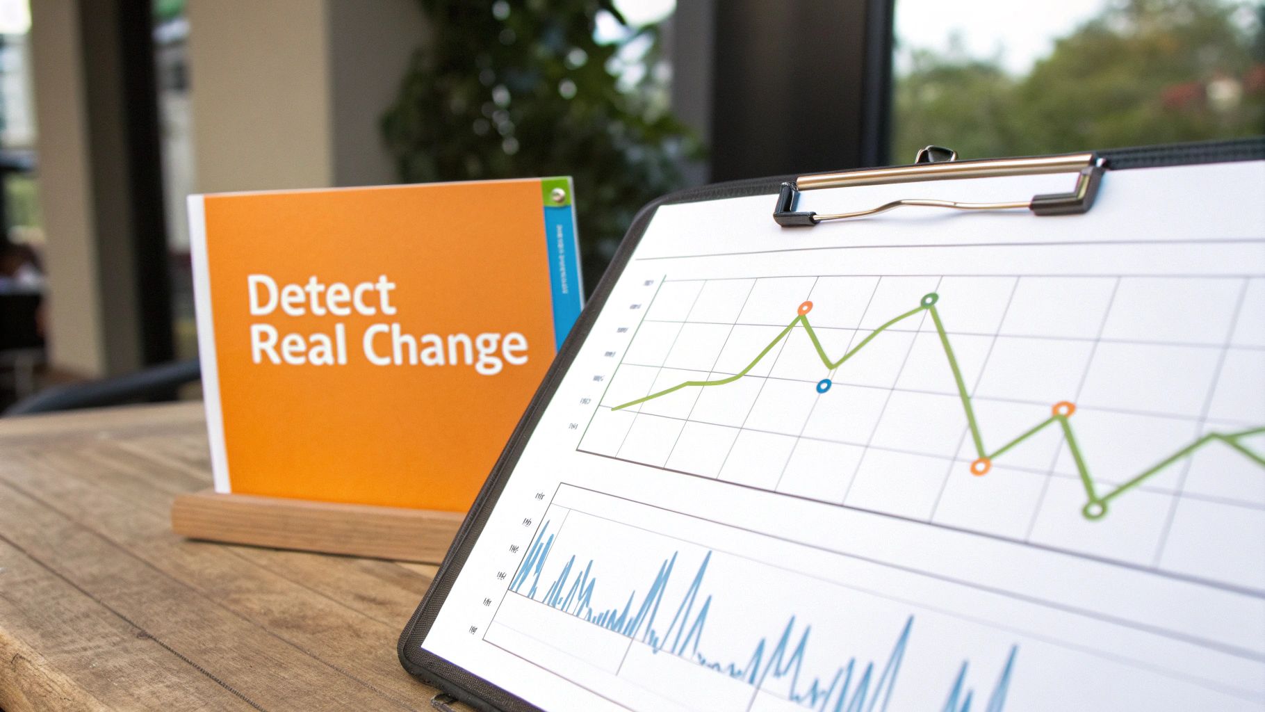 Business analytics clipboard displaying line graphs and bar charts next to detect real change sign