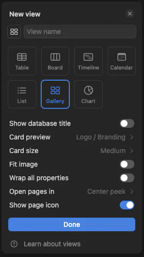 Notion's 'New view' settings panel for the Competitive Analysis template, showcasing various view options including Table, Board, Timeline, and Gallery. The Gallery view is selected, with customizable settings for card preview, size, and properties display. Demonstrates the template's flexibility in data visualization for effective competitor tracking.