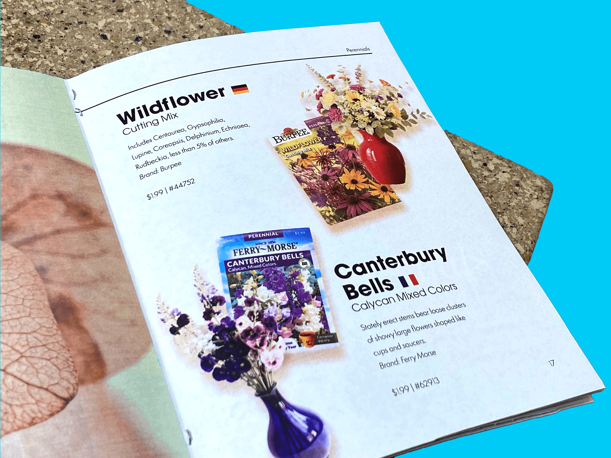 Open spread of the catalog, with two packages and bouquets of their respective flowers. 