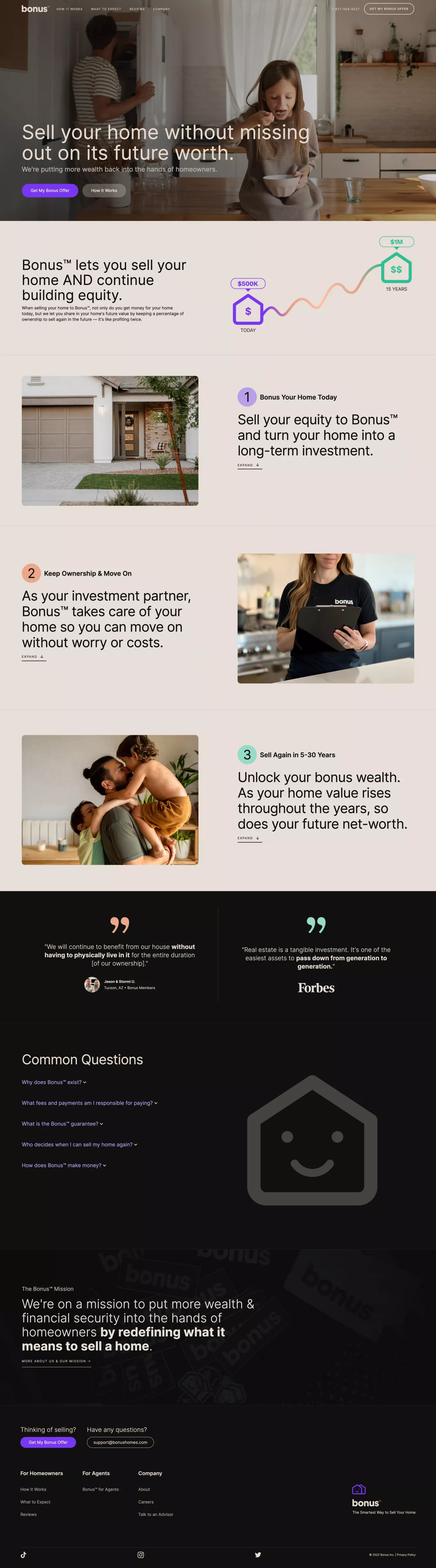Bonus™ landing page screenshot showcasing Finance and Real Estate design