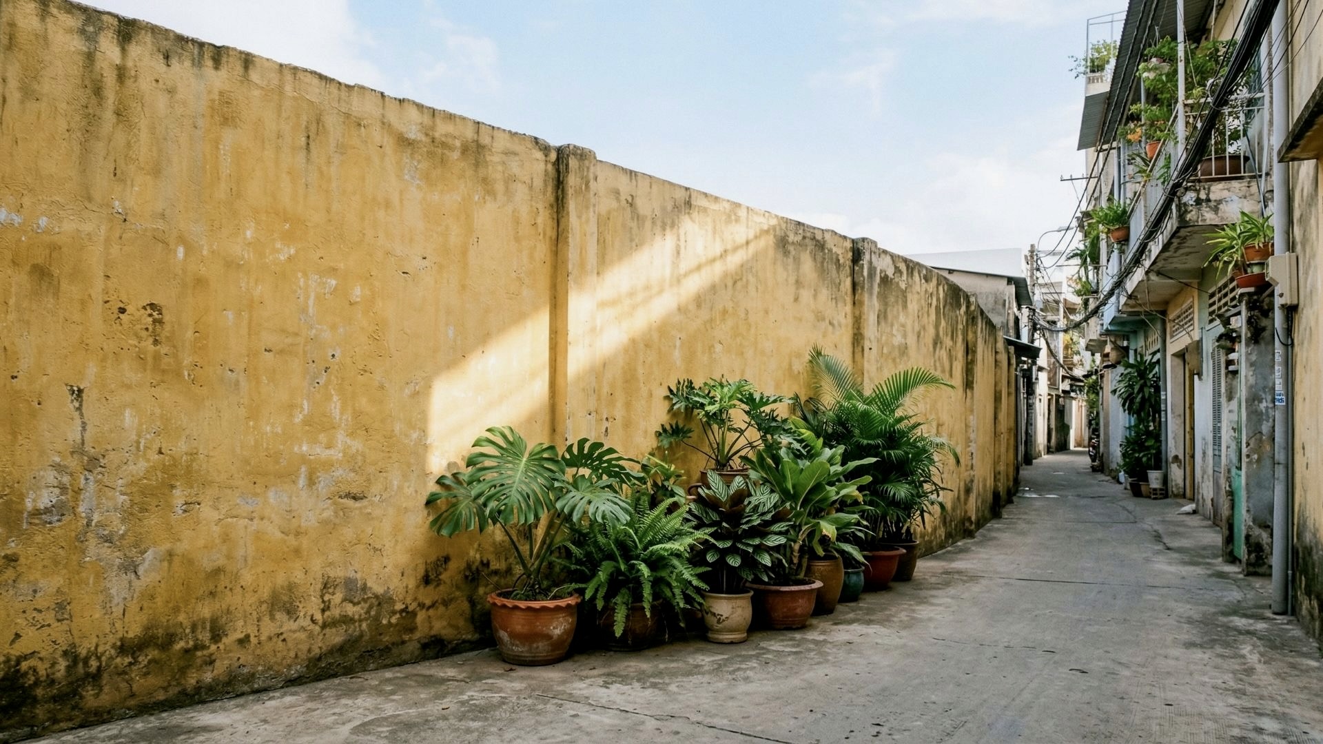 A sunlit, weathered yellow wall in a quiet Ho Chi Minh City alleyway with lush potted Monstera and tropical plants. The image symbolizes resilience, growth, and the peaceful space provided by Huong Tran Marriage and Family Therapy.