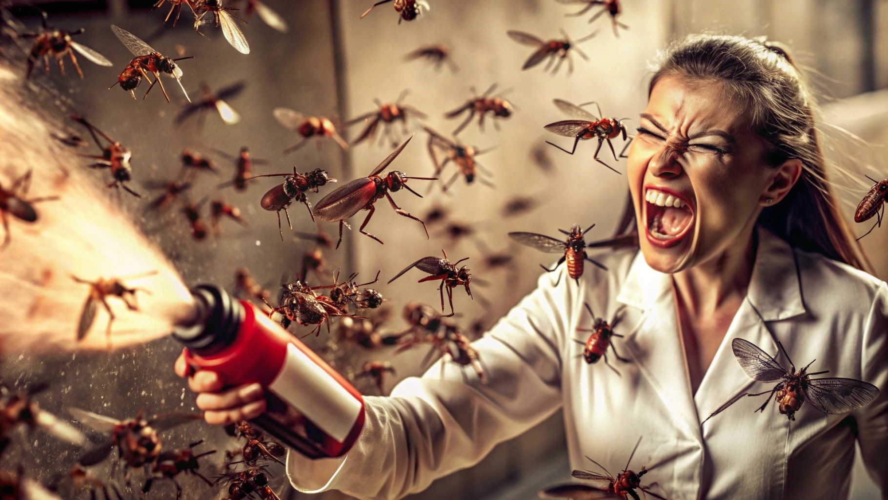 a screaming female scientist sprays from the giant spray onto the swarm of mosquitos