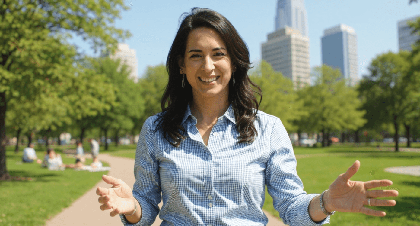 Change background to simple outdoor city park setting. Show subject gesturing as if explaining something