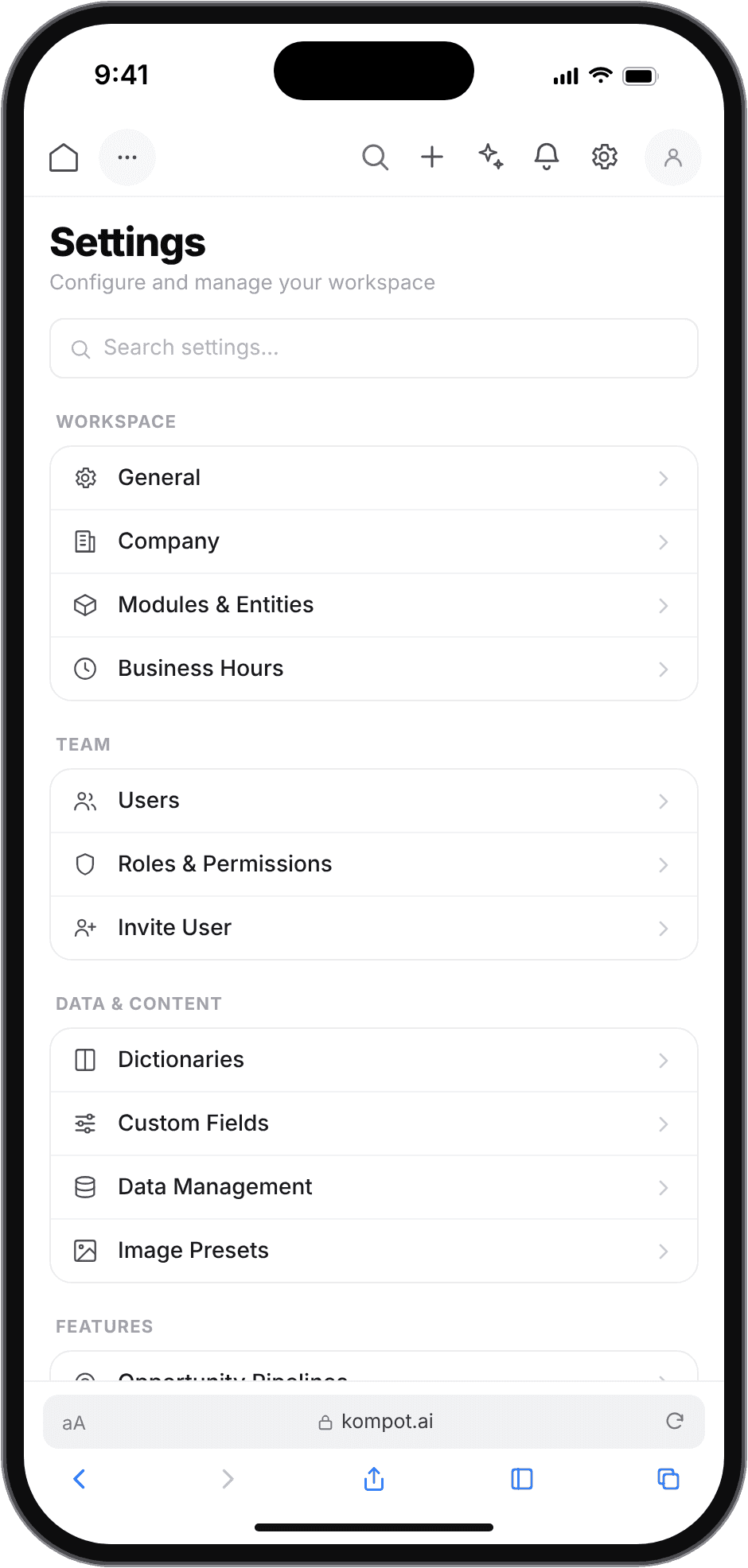 Mobile design mockup — Settings