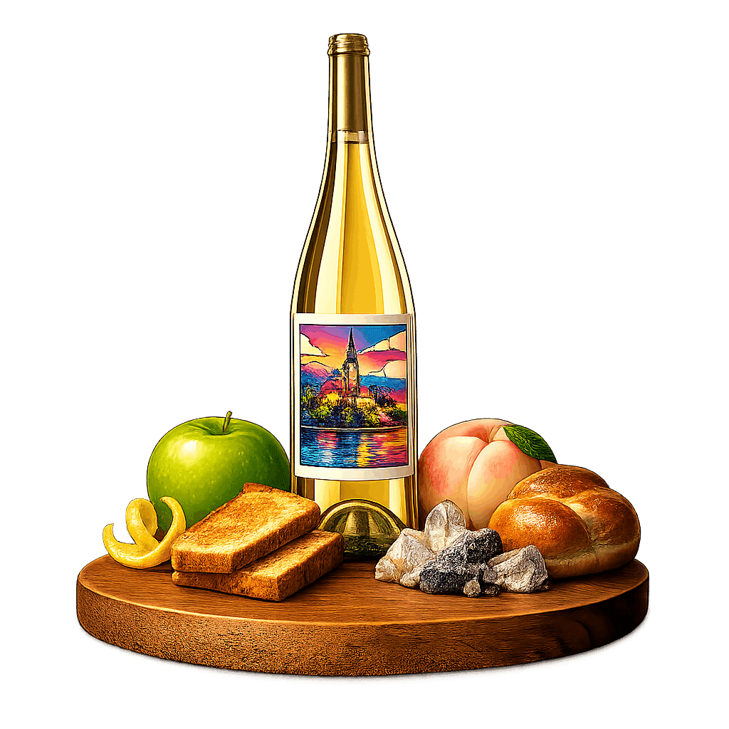 Artistic label and flavor profile for Slovenian Sparkling Wine on a rustic wooden table.