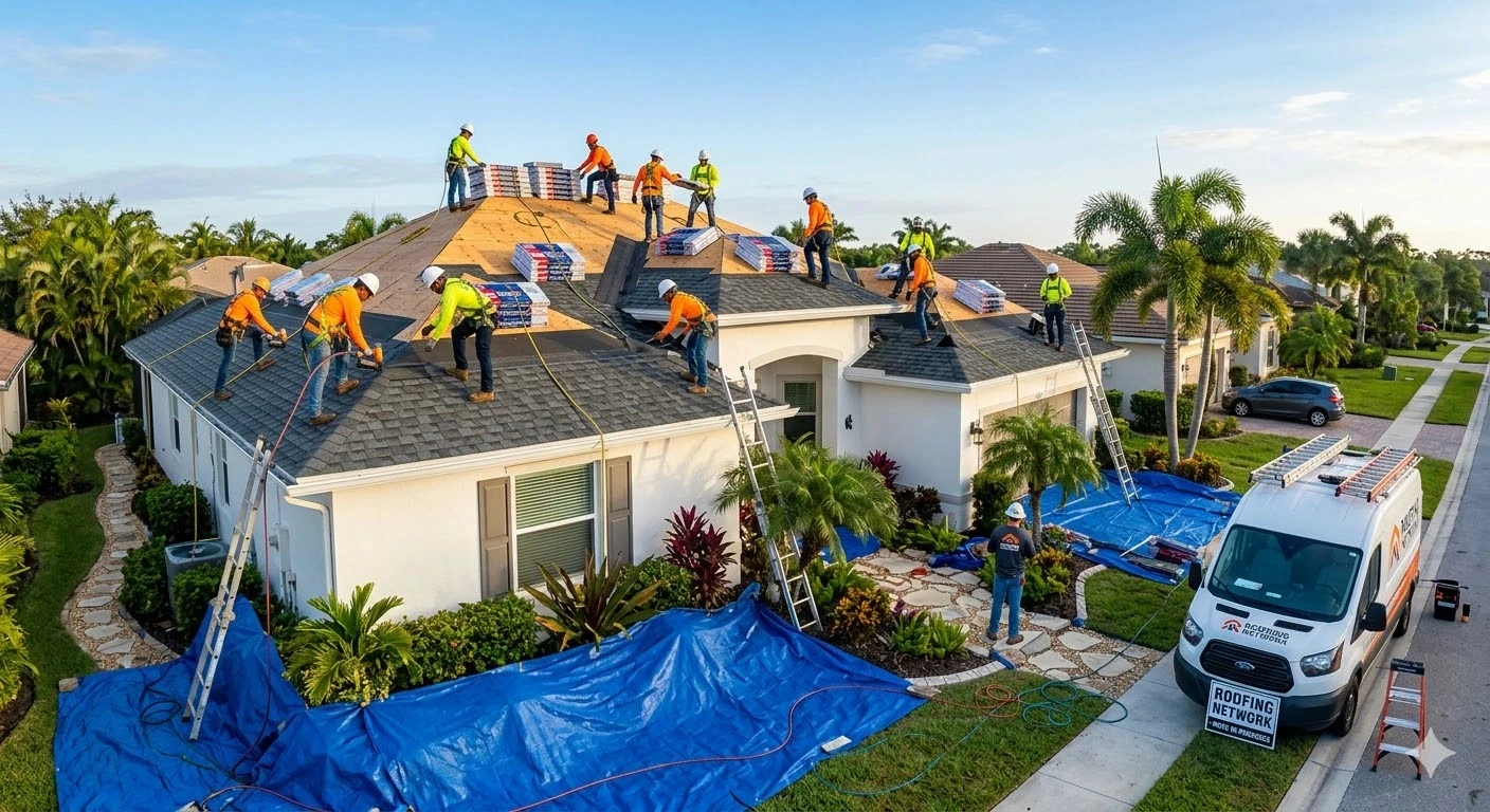 Roofing Network crew completing full residential roof installation in South Florida in 1 to 3 days