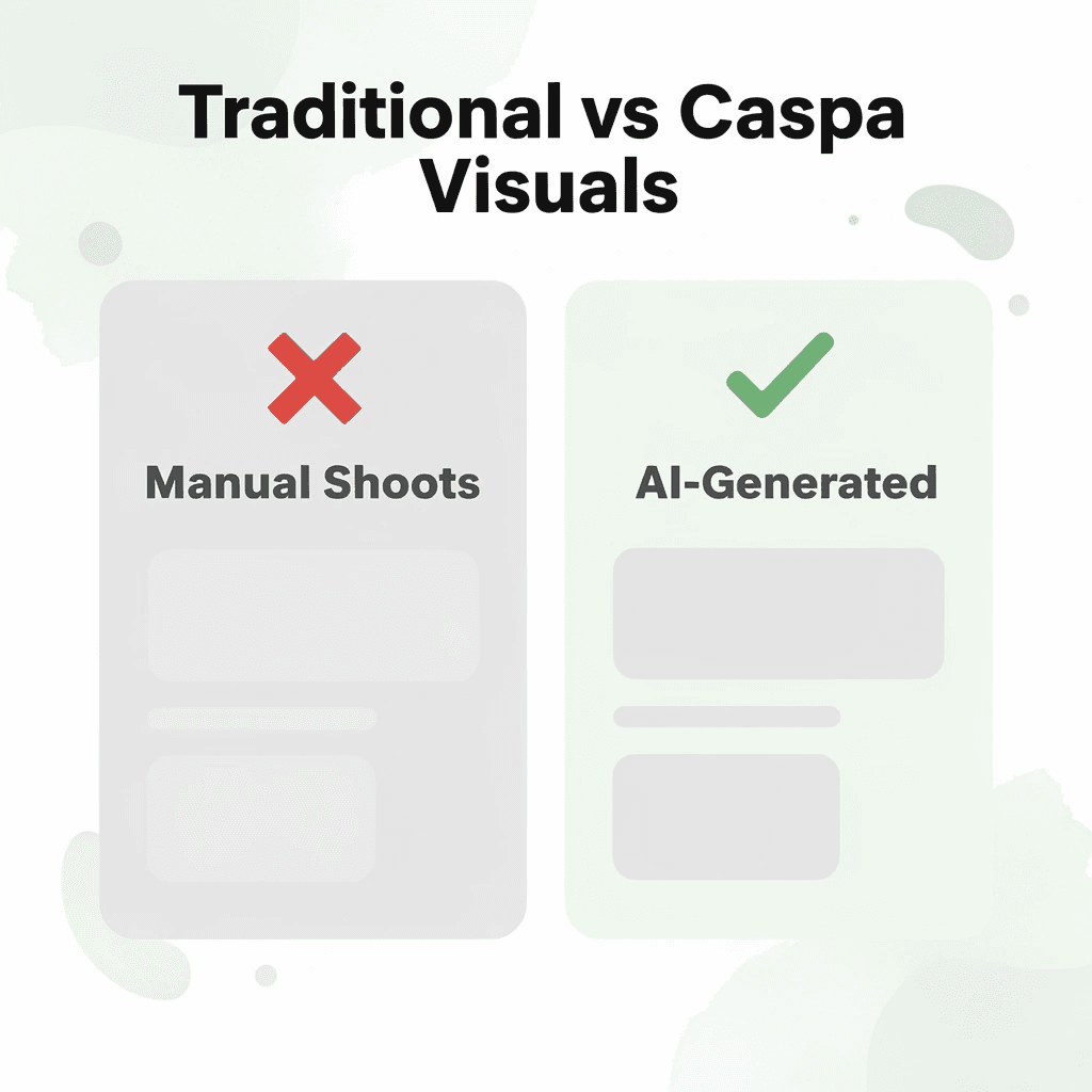 Before and after comparison of traditional product photography versus Caspa AI visuals