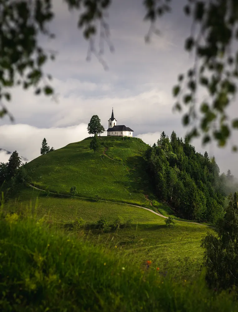 Church of Sveti Jakob in Slovenia on top of a grassy hill, framed by green leaves and cloudy sky.