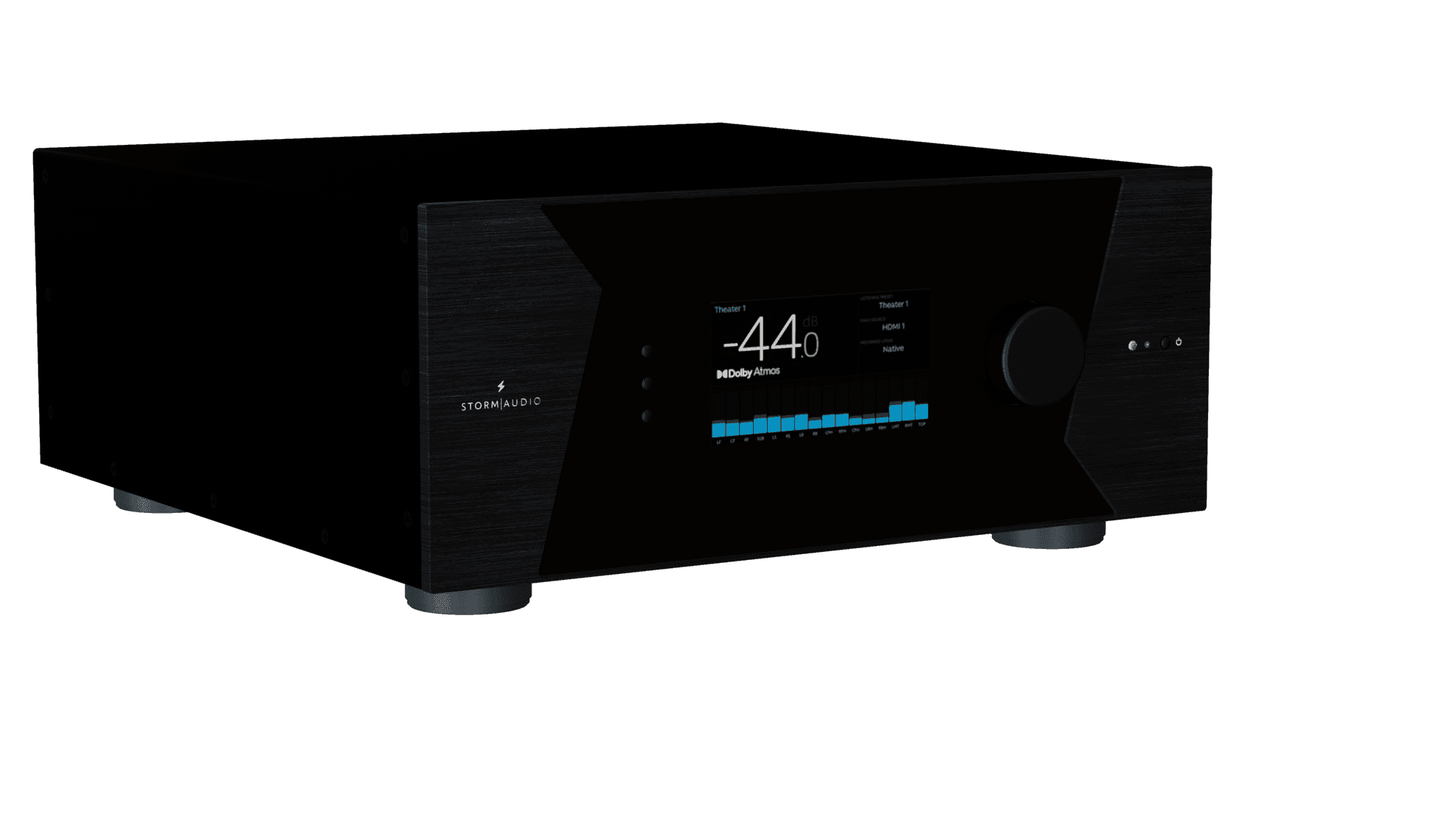Black StormAudio AV processor with display screen