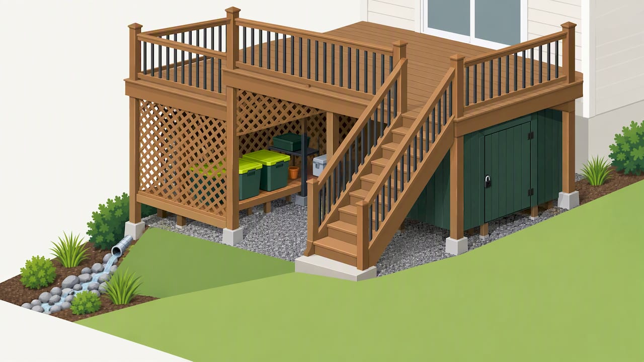 Custom under-deck storage zones around stairs